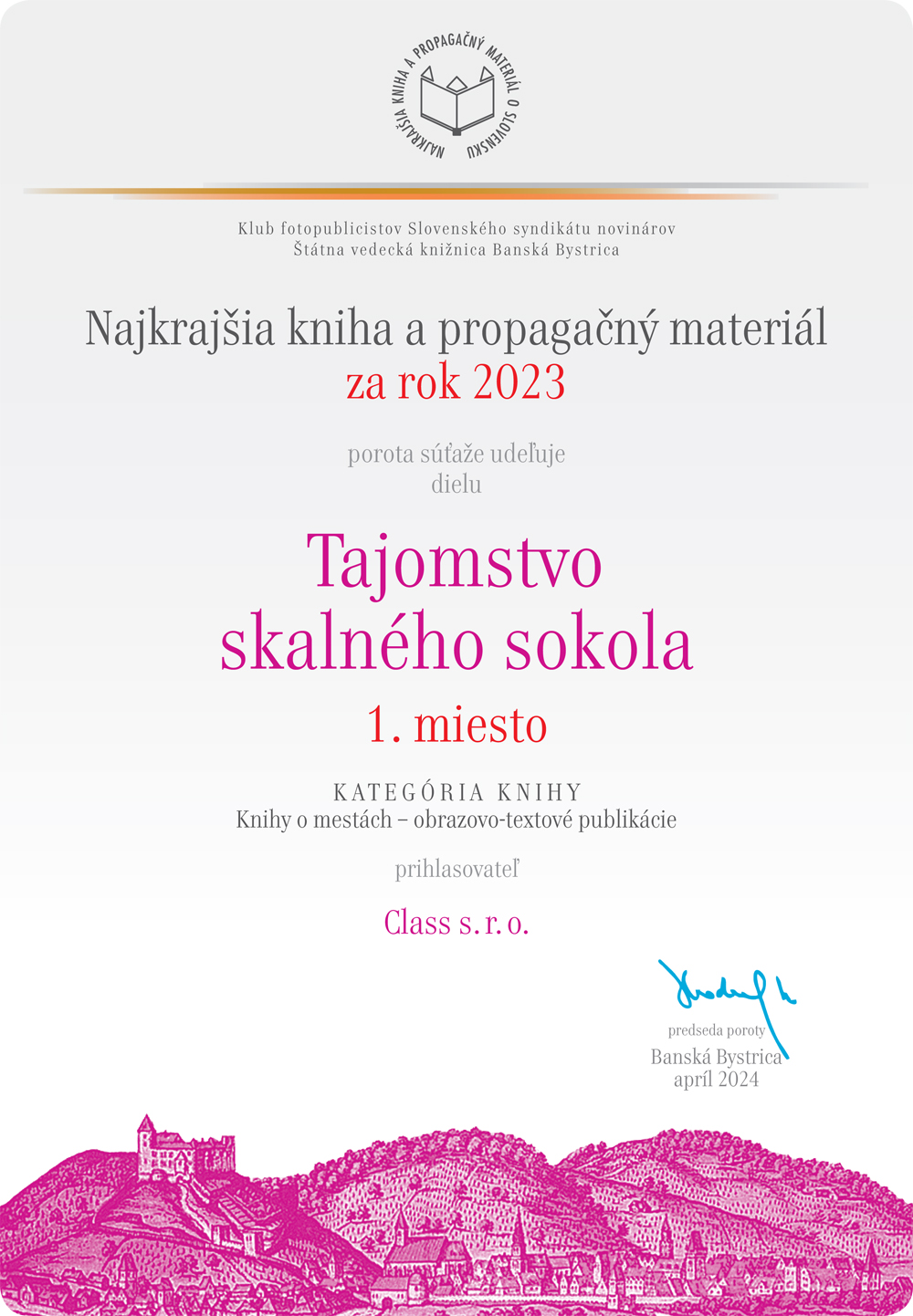 Tajomstvo skalneho sokola - diplom - Najkrajsia kniha o Slovensku